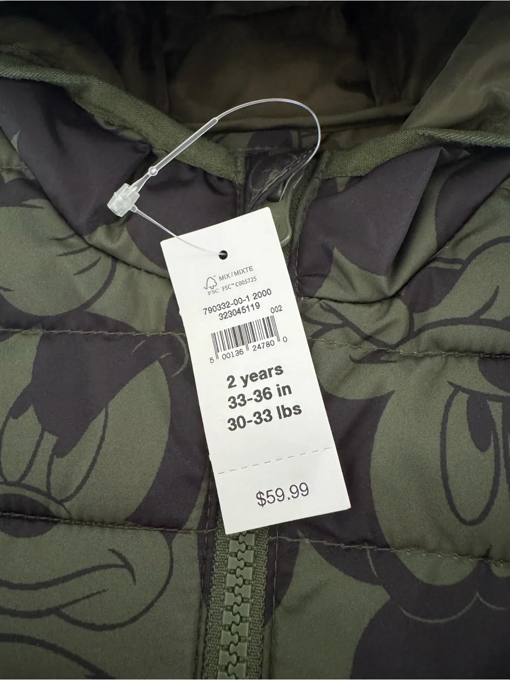GAP Disney Mickey Mouse Green Puffer Jacket Toddler Boy 2T